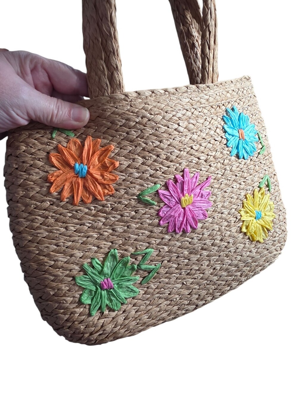 Tan Woven Straw Tote with Multicolor Floral Embroidery - Picture 4 of 11